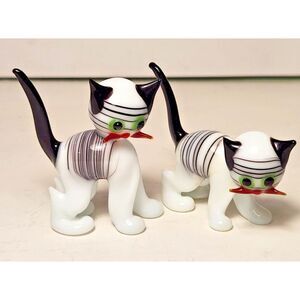 Pair Vintage‎ Bimini Lauscha German Art Glass Cat & Kitten White w/Black Stripes